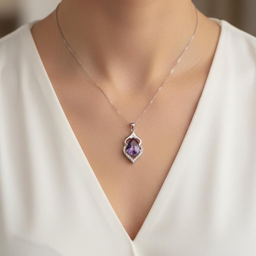 Pear Cut Amethyst Pendant Necklace in Sterling Silver - February Birthstone -