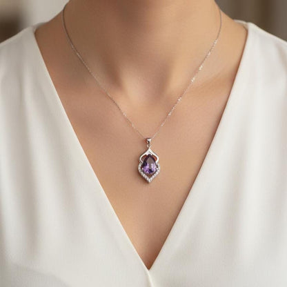 Pear Cut Amethyst Pendant Necklace in Sterling Silver - February Birthstone -