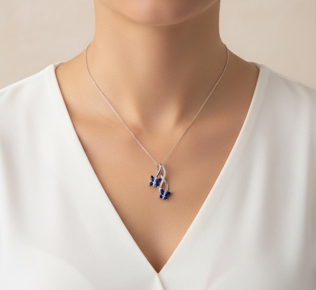 Sapphire Butterfly Necklace - September Birthstone Pendant-Infinity Love Sterling Silver Jewelry