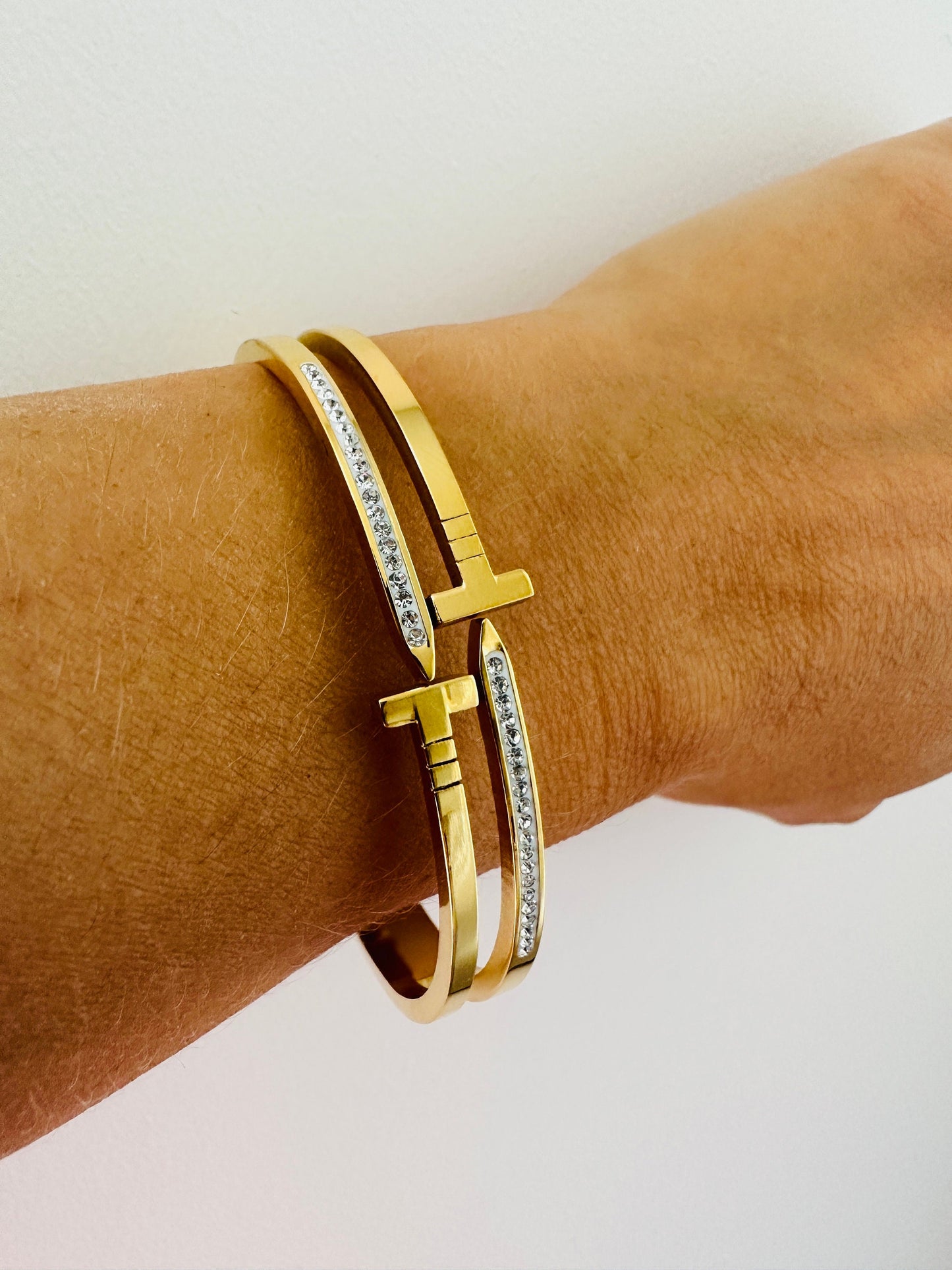Gold Cross Bangle: Gold Stainless Steel