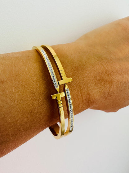Gold Cross Bangle: Gold Stainless Steel