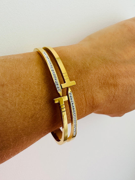 Gold Cross Bangle: Gold Stainless Steel