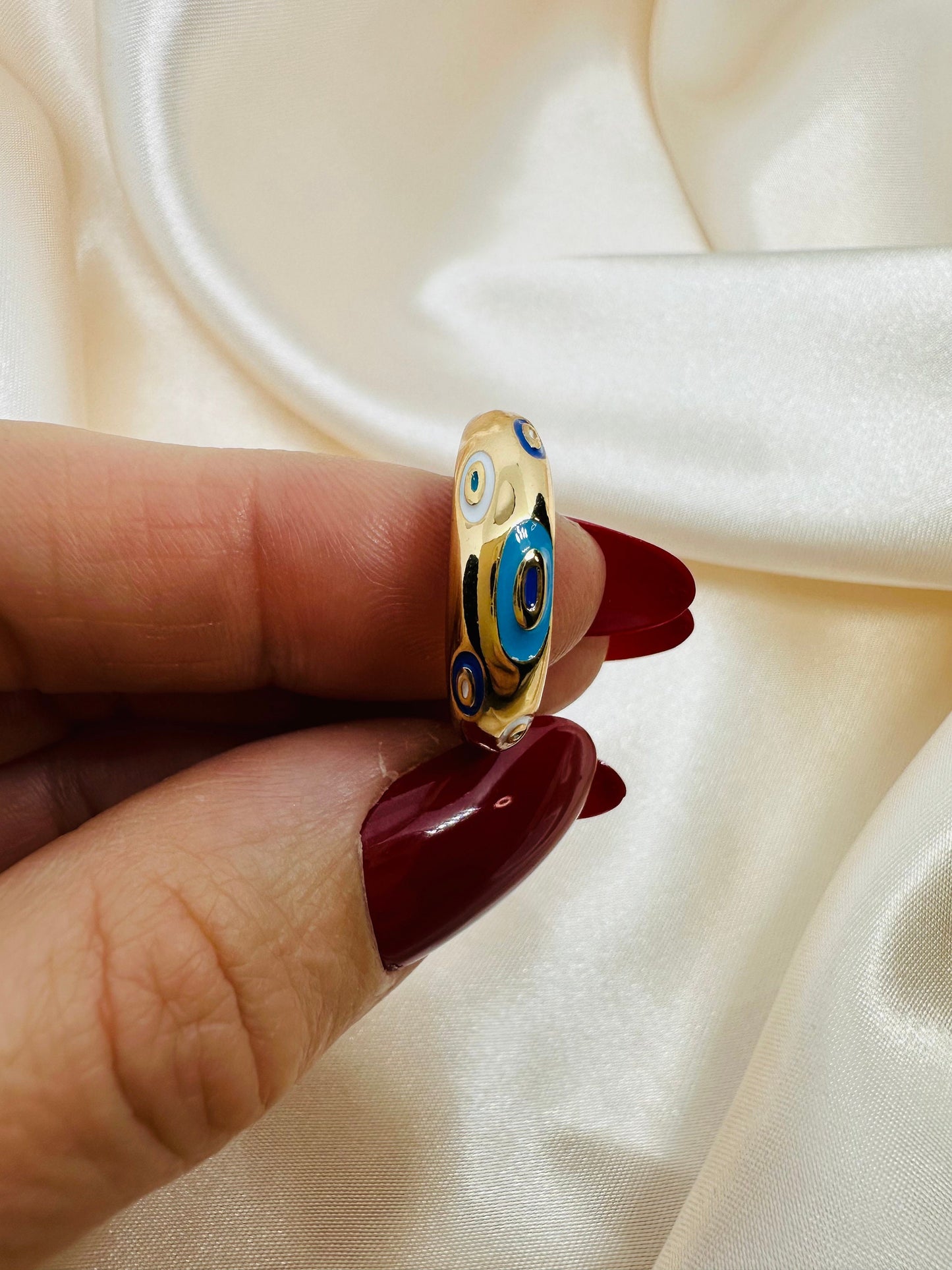 Gold Evil Eye Dome Ring - Adjustable Brass Ring