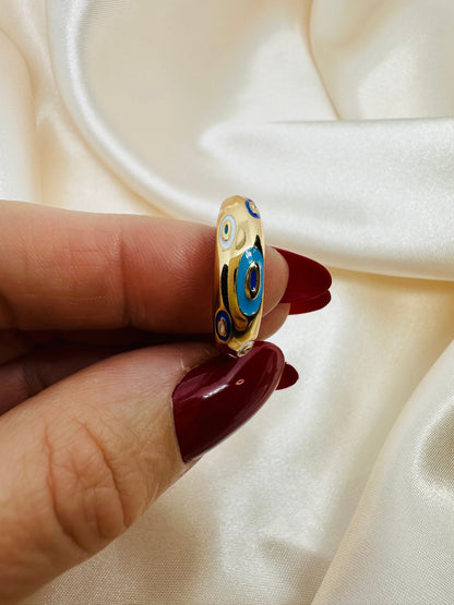 Gold Evil Eye Dome Ring - Adjustable Brass Ring