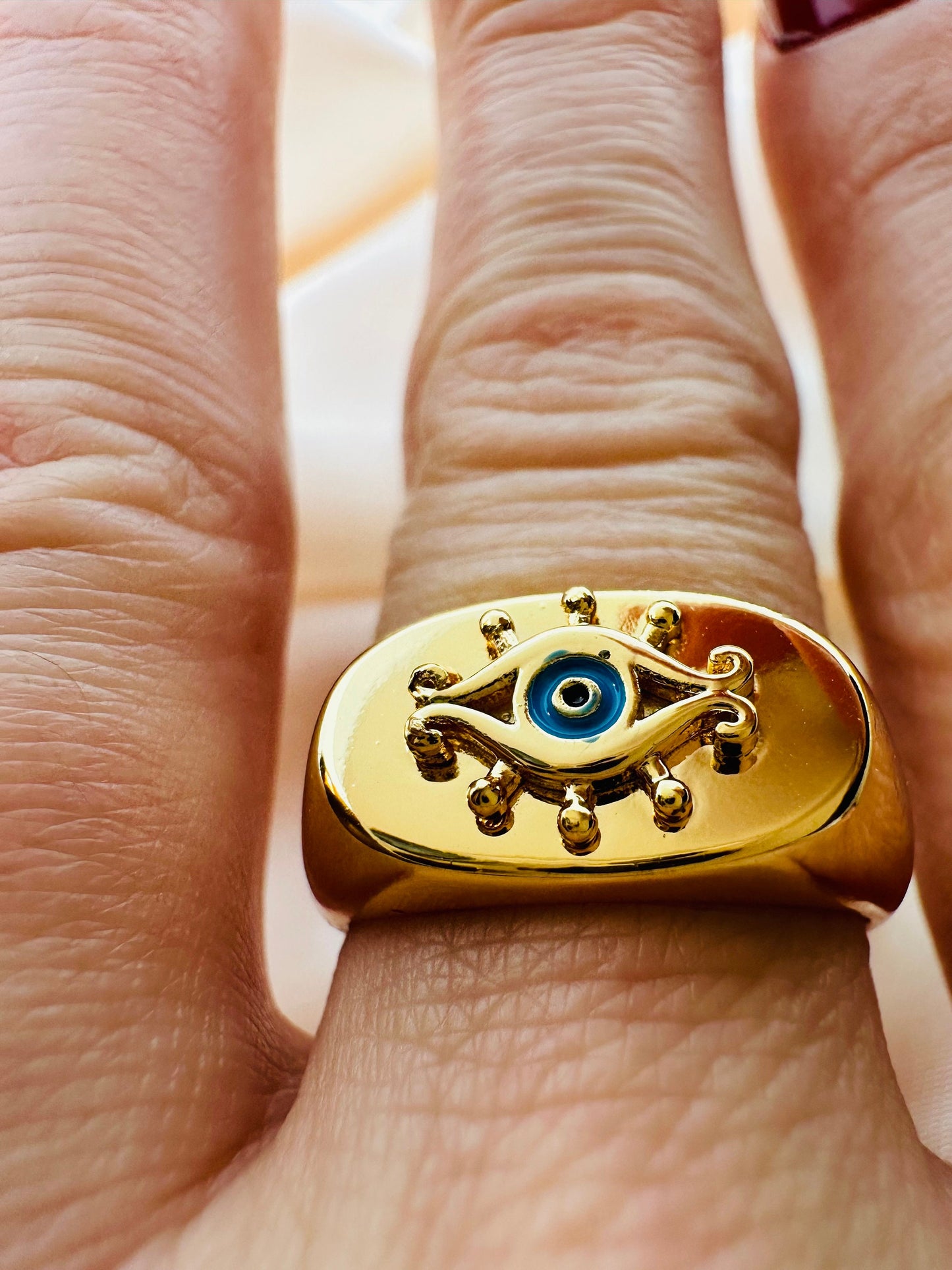 Gold Evil Eye Dome Ring - Adjustable Brass Ring