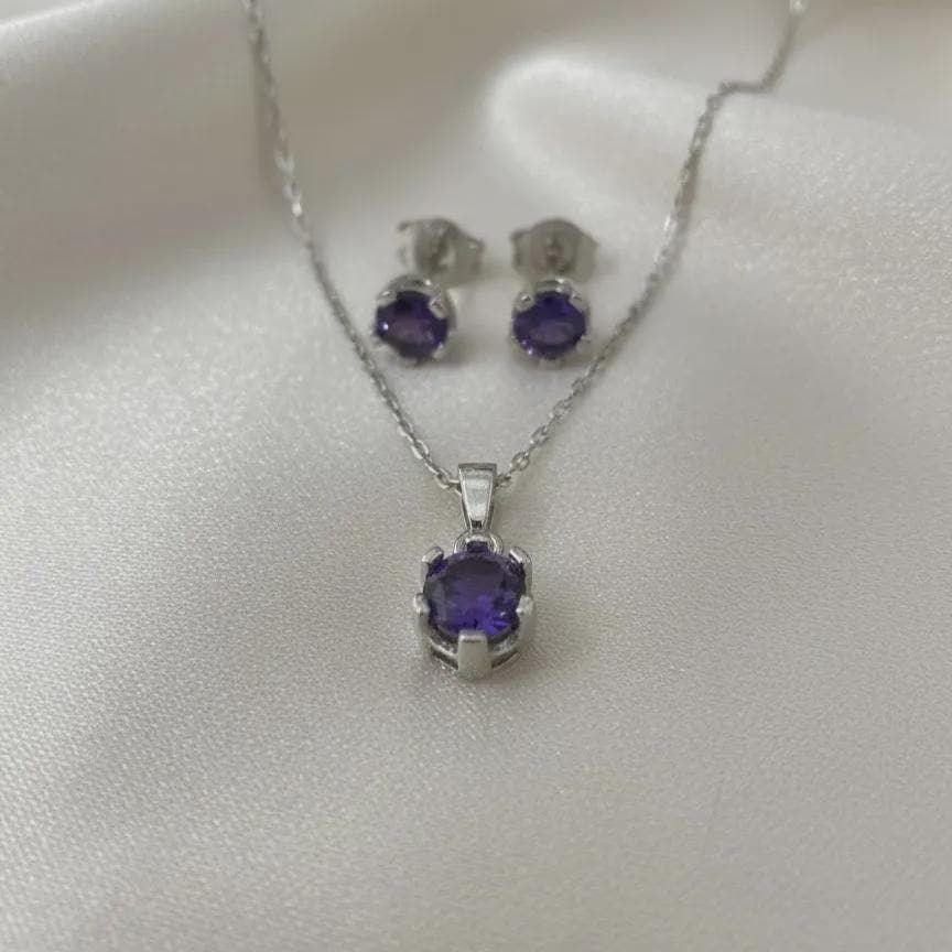 Minimalist Amethyst Pendant & Earrings Set - Sterling Silver February Birthstone -