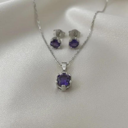 Minimalist Amethyst Pendant & Earrings Set - Sterling Silver February Birthstone -