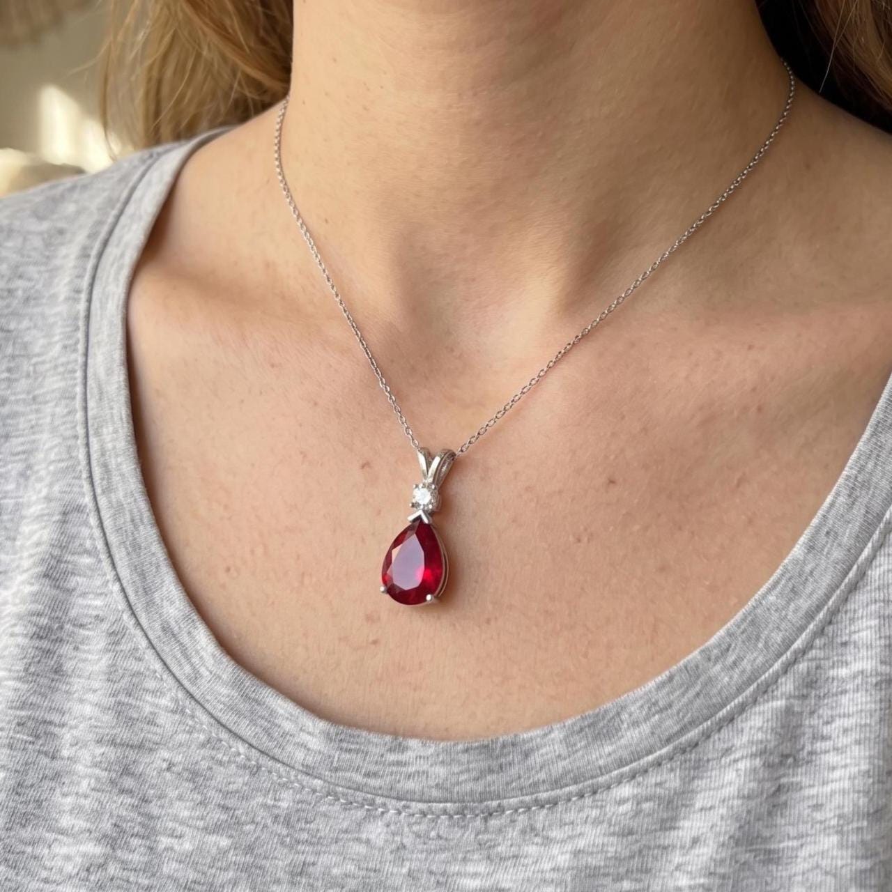 Ruby Minimalist Necklace - July Birthstone Pendant - Dainty Jewelry -925 Sterling Silver