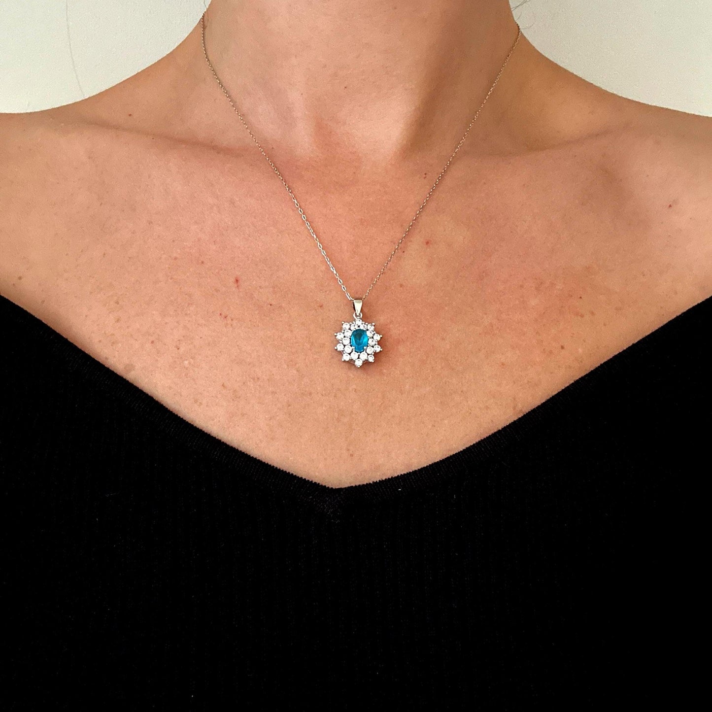 Dainty Blue Topaz Necklace in Sterling Silver– December Birthstone Floral Pendant - Gift For Her