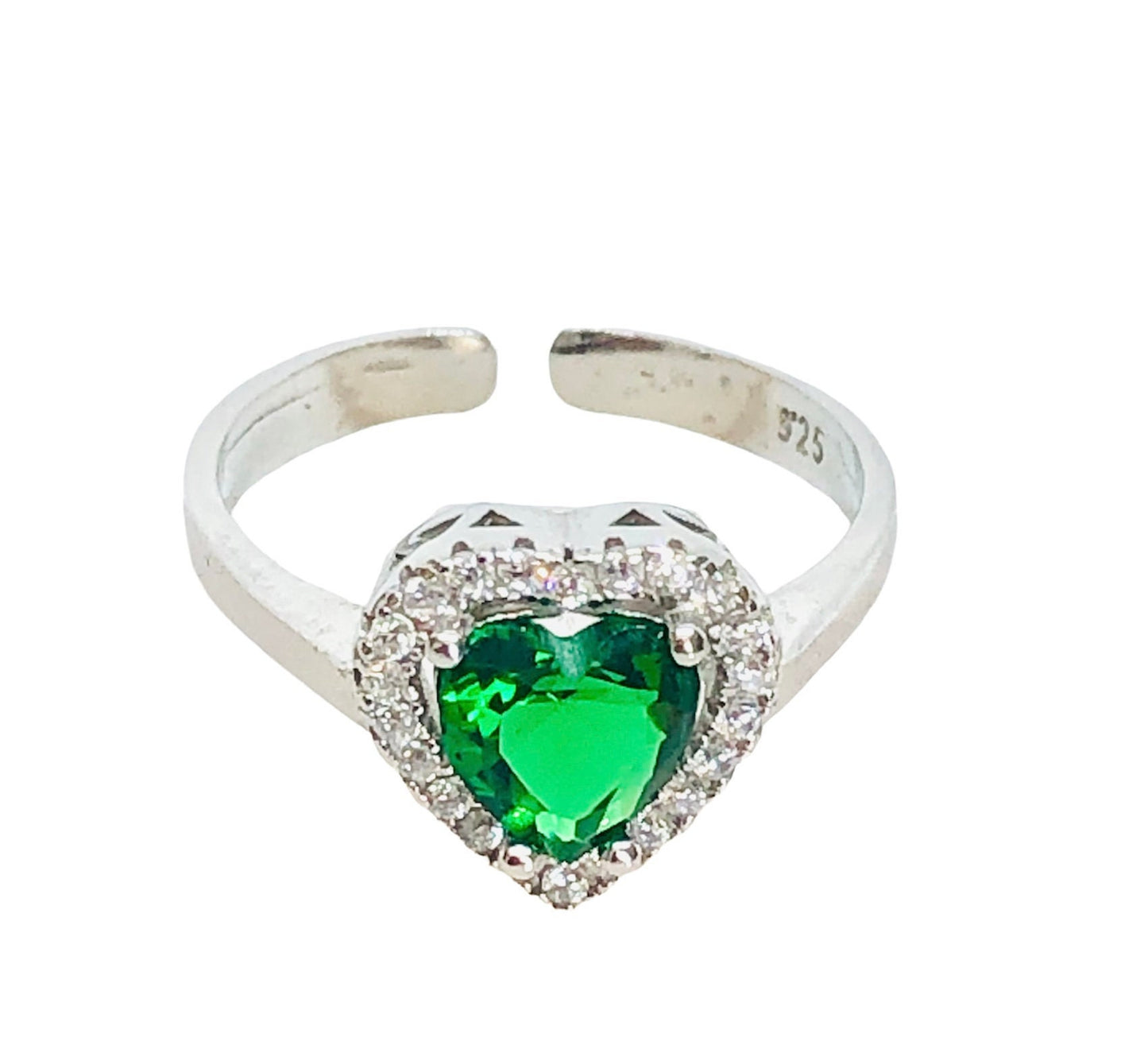 Vintage Heart Emerald Ring – Sterling Silver Diamond Engagement
