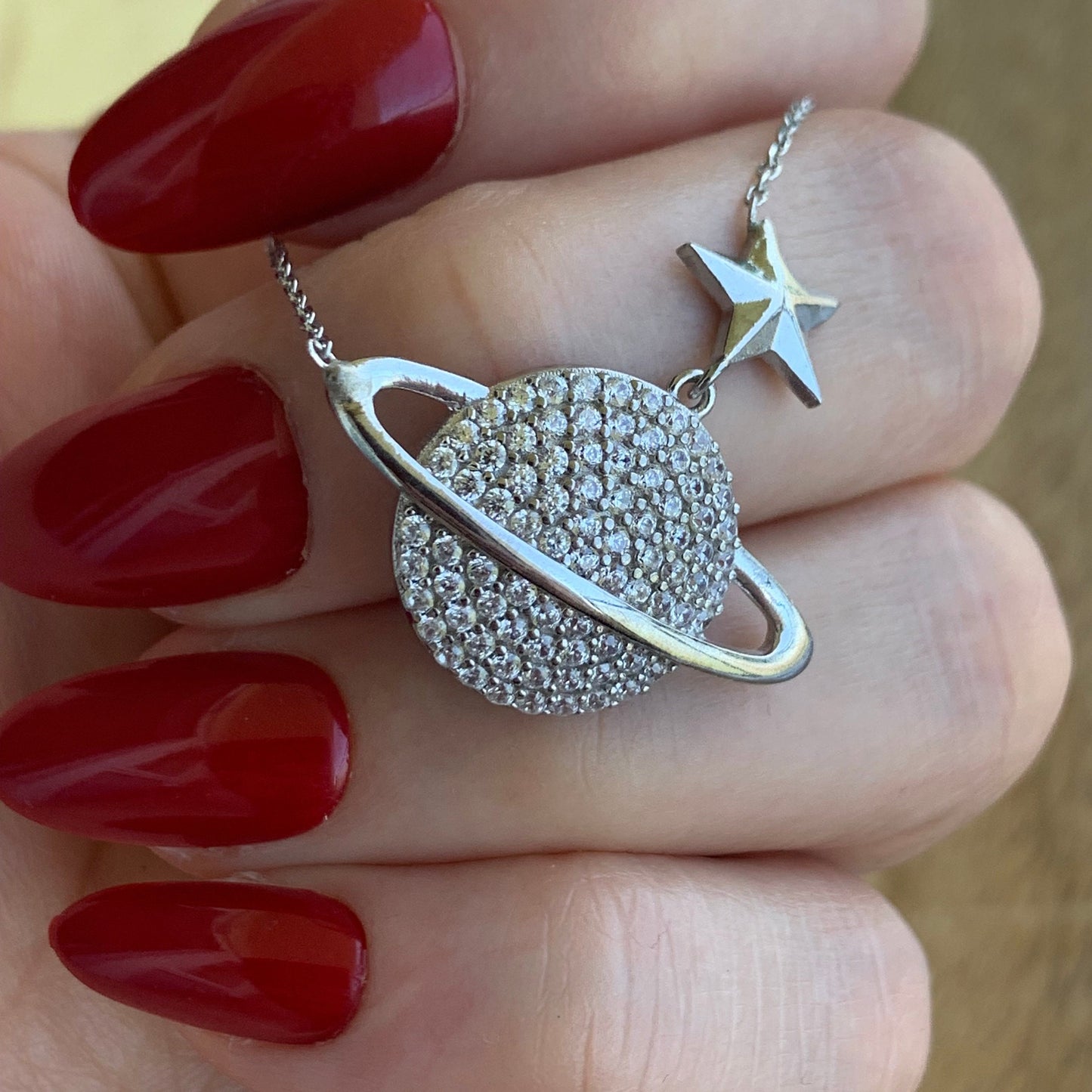 Celestial Charm-Sterling Silver Saturn Necklace with Sparkling Zircon Planet Pendant -Exclusive Gift for Her