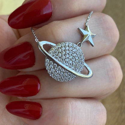 Celestial Charm-Sterling Silver Saturn Necklace with Sparkling Zircon Planet Pendant -Exclusive Gift for Her