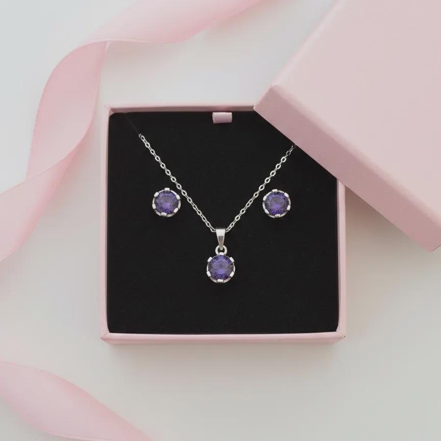 Minimalist Amethyst Pendant & Earrings Set - Sterling Silver February Birthstone -