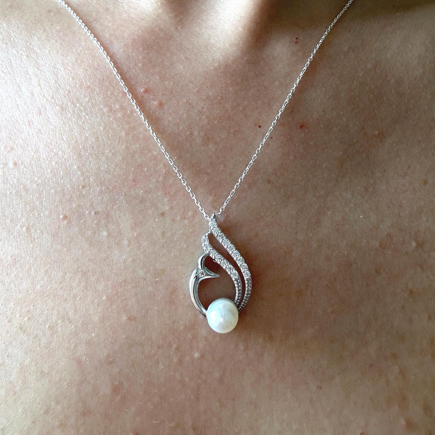 Swan Pearl Silver Necklace - June Birthstone Pendant Gift for Her