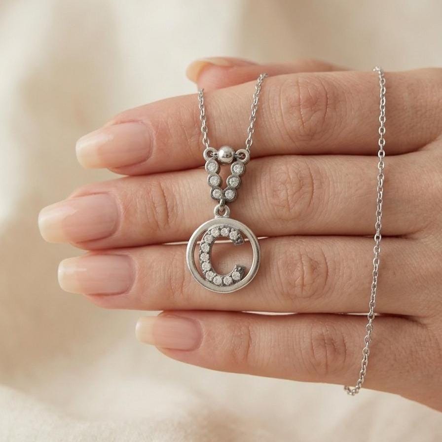 Initial C Necklace in Sterling Silver - Custom Name Necklace with Sparkling Zircon Letters