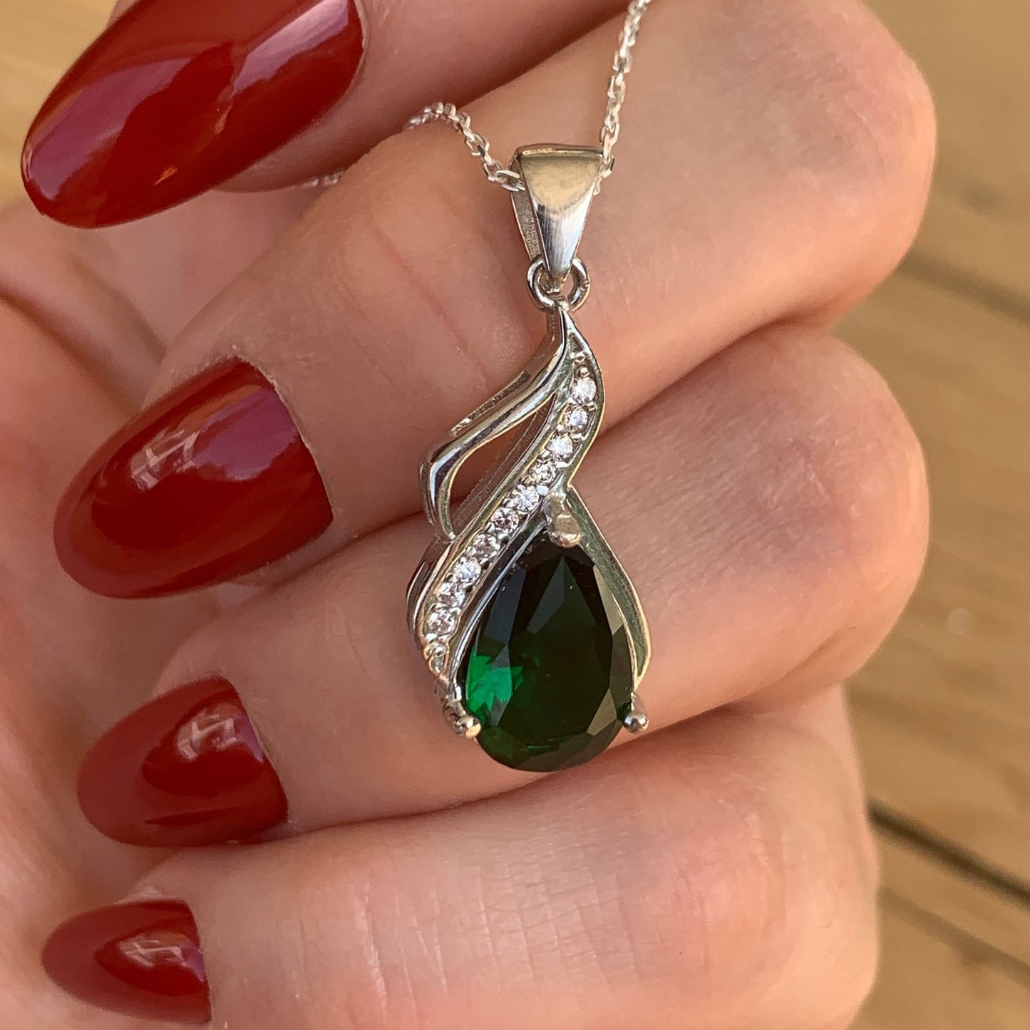 Emerald Teardrop Necklace – Sterling Silver May Birthstone Pendant -