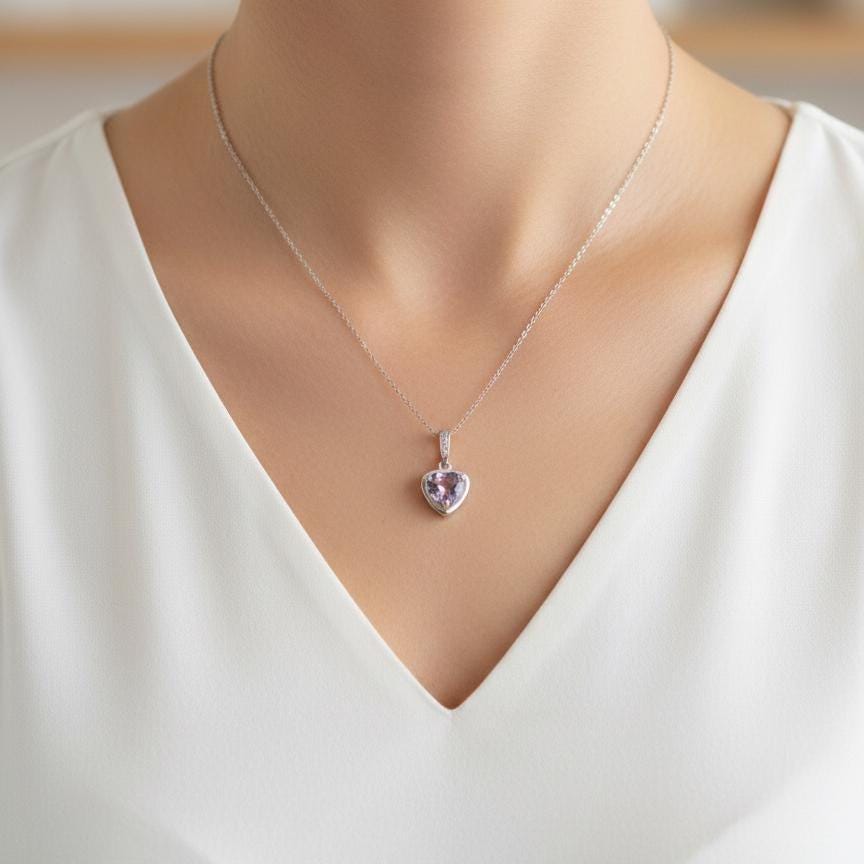 Amethyst Heart Necklace - Sterling Silver Minimalist February Birthstone Jewelry