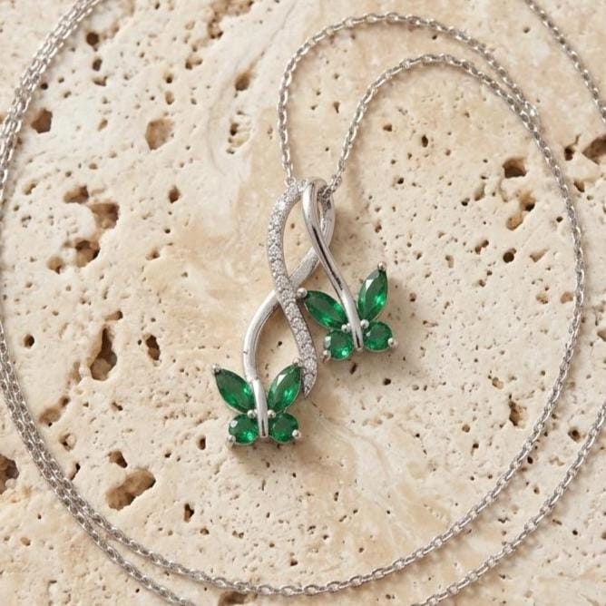 Dainty Emerald Butterfly Necklace in Sterling Silver – Infinity Pendant Necklace - - Gift for Her