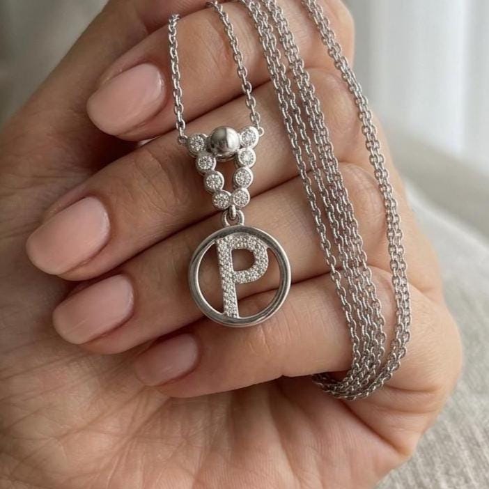 Sterling Silver P Letter Necklace - Custom Zircon Initial Jewelry for Her