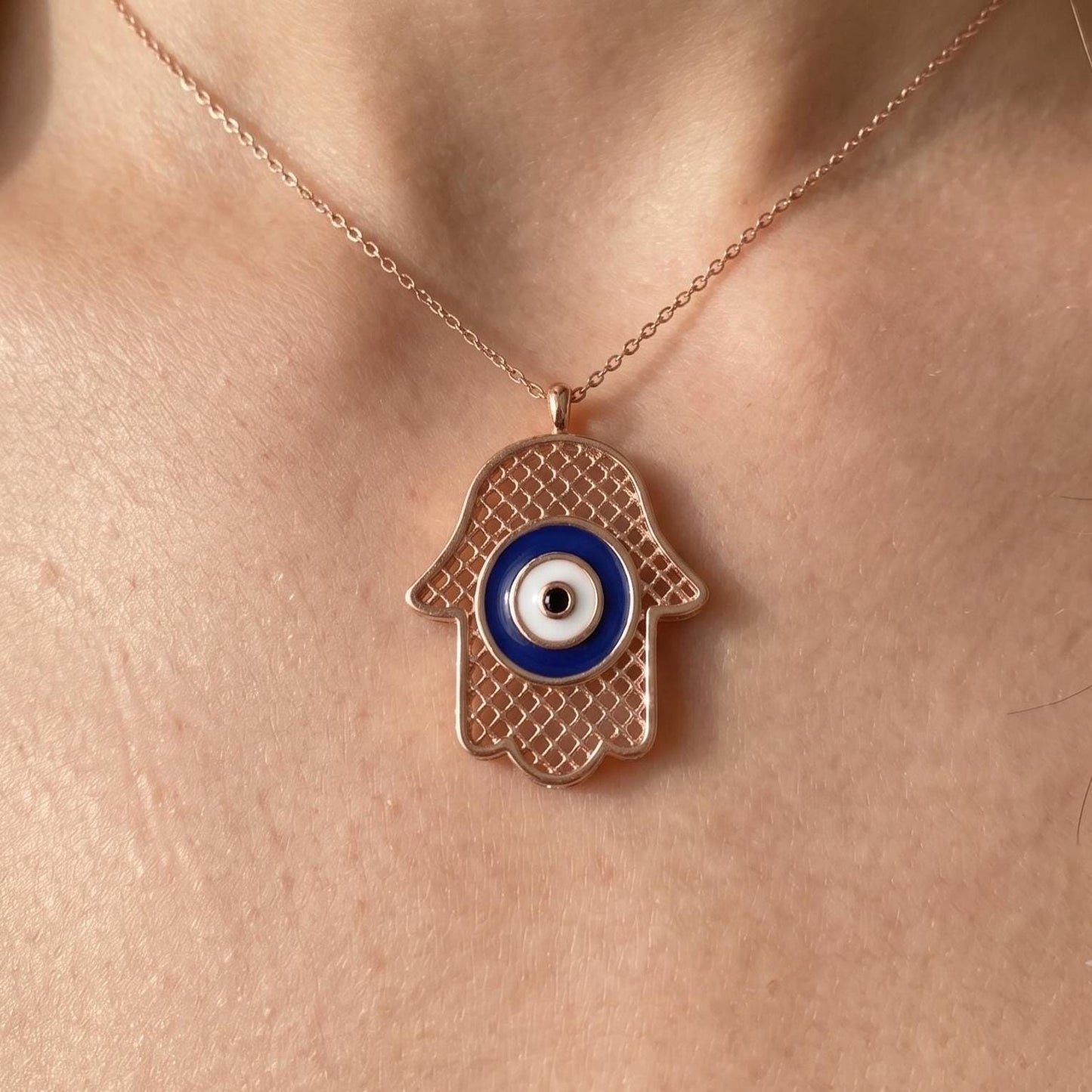 Rose Gold Hamsa Hand Necklace in Sterling Silver -Gift For Her