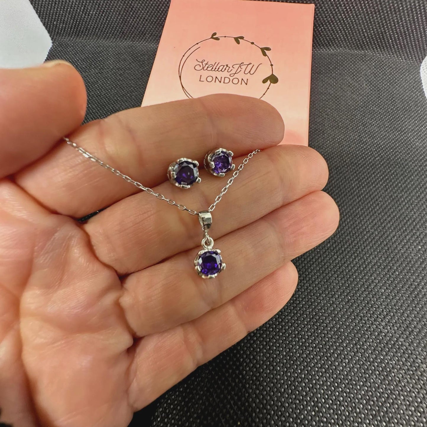 Minimalist Amethyst Pendant & Earrings Set - Sterling Silver February Birthstone -