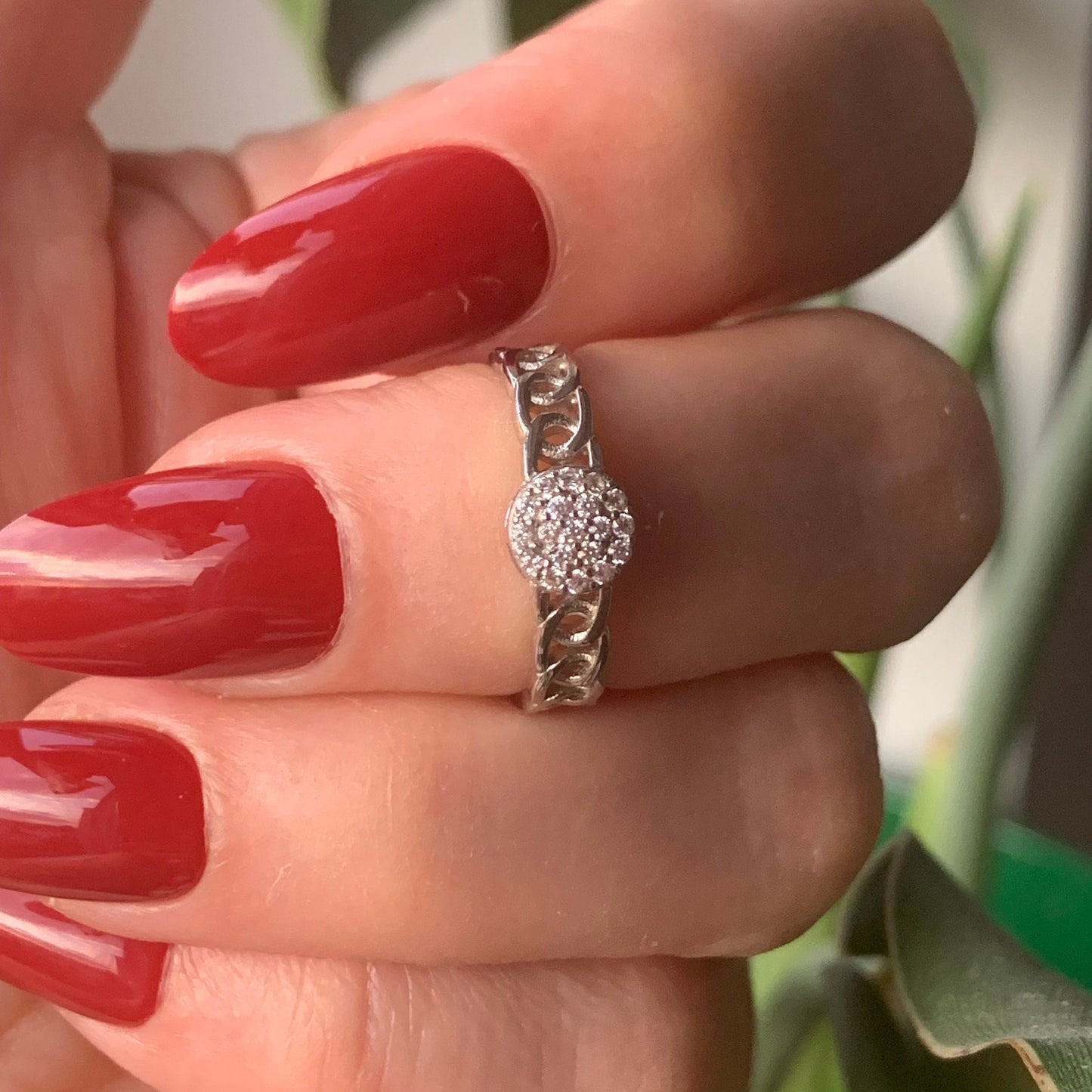 Handmade Sterling Silver Chain Ring: Adjustable Pave Ring