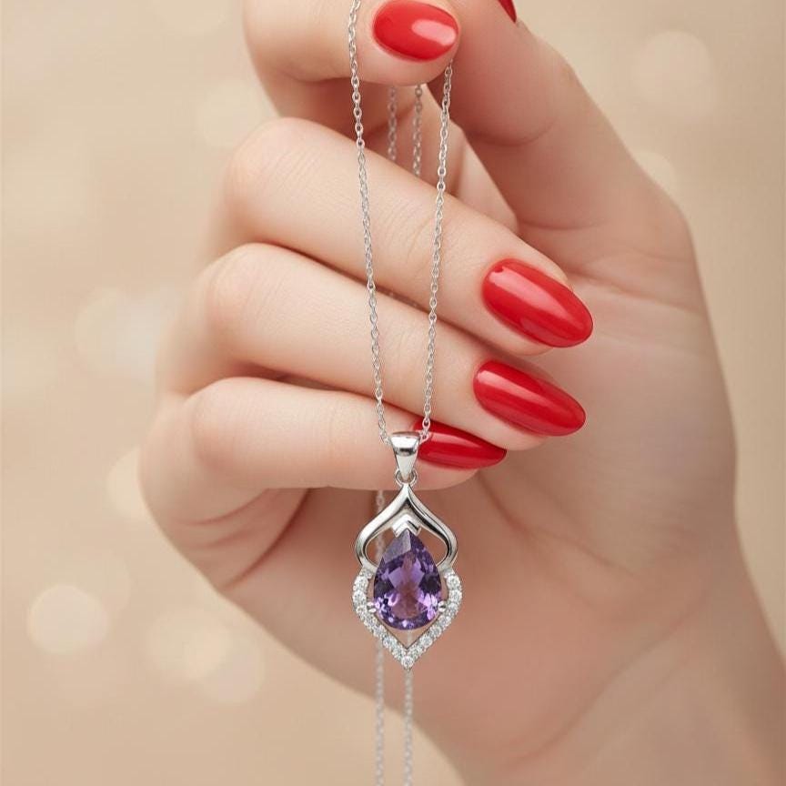 Pear Cut Amethyst Pendant Necklace in Sterling Silver - February Birthstone -
