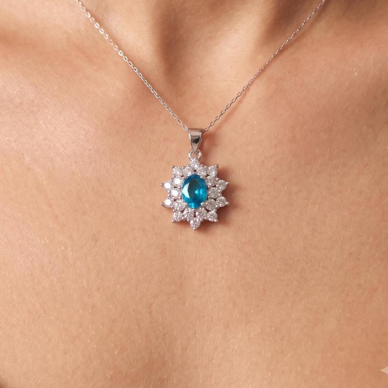 Dainty Blue Topaz Necklace in Sterling Silver– December Birthstone Floral Pendant - Gift For Her