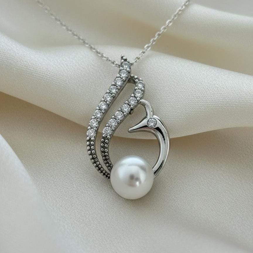 Swan Pearl Silver Necklace - June Birthstone Pendant Gift for Her