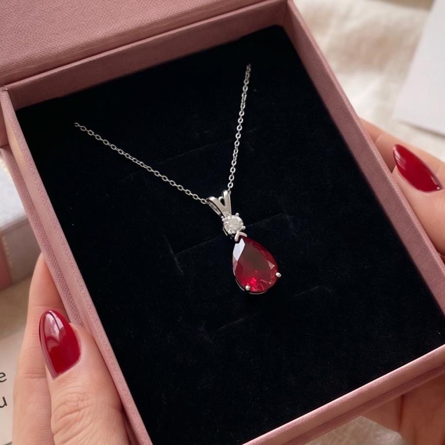 Ruby Minimalist Necklace - July Birthstone Pendant - Dainty Jewelry -925 Sterling Silver