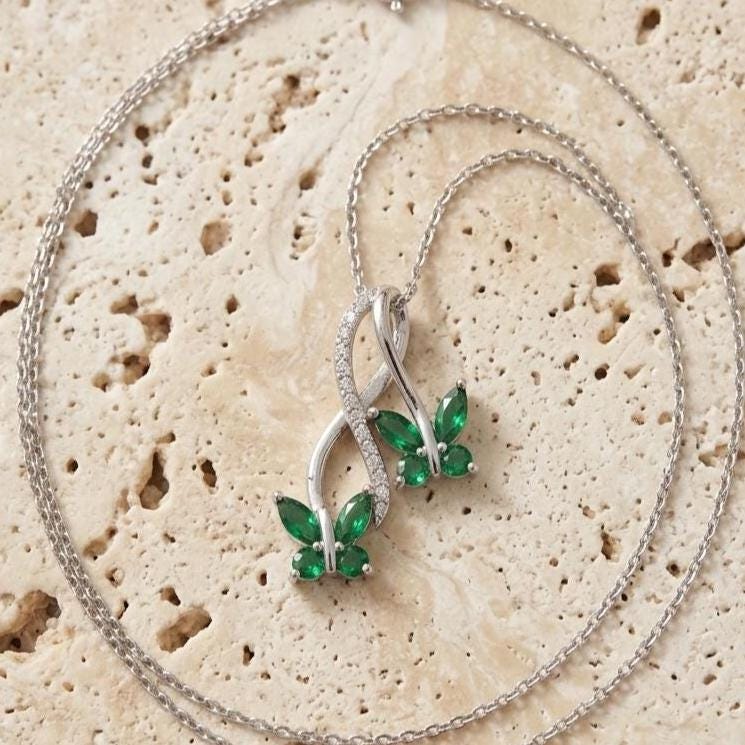 Emerald Butterfly Pendant Necklace - Eco-Friendly Sterling Silver Jewelry