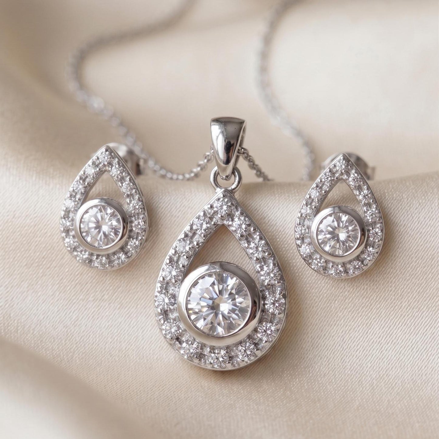 Teardrop Sterling Silver April Birthstone Necklace Set -Gift For Her