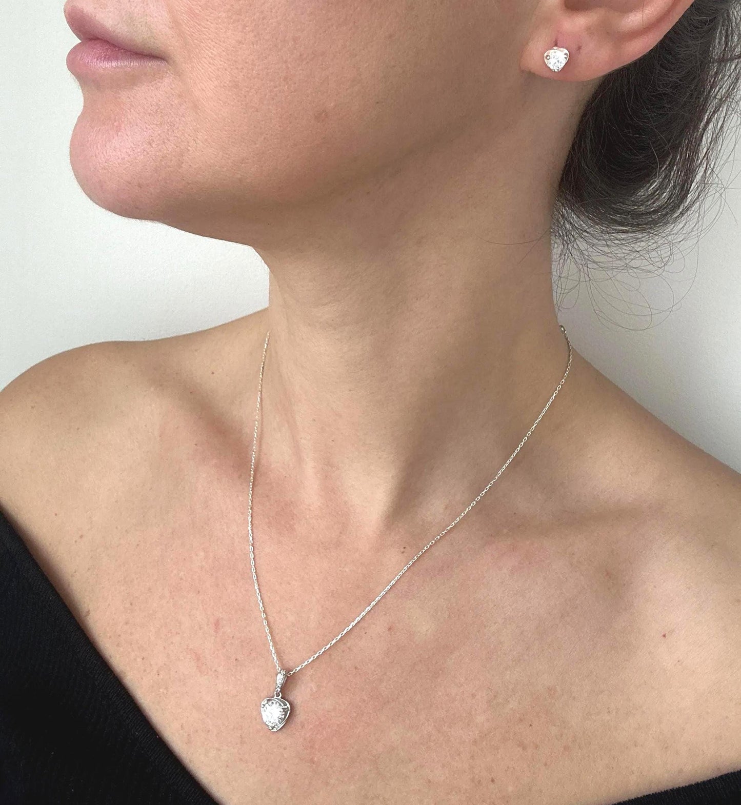 Minimalist Sterling Silver Heart Necklace & Earrings Set -