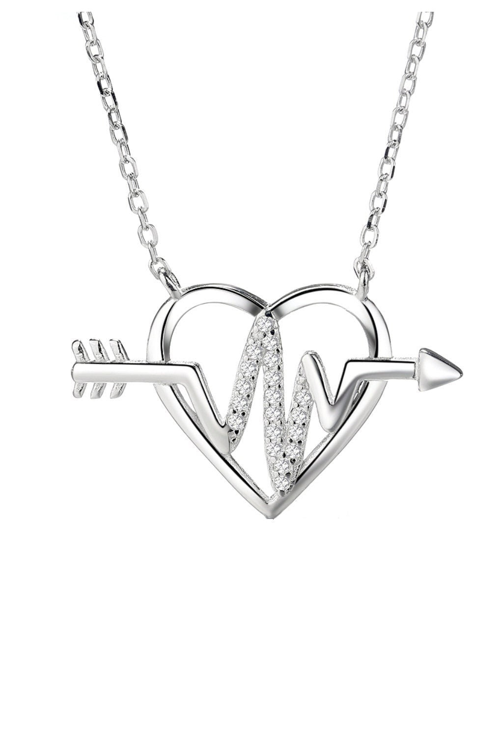 Sterling Silver Heartbeat Pendant Necklace with Glittering Zircon -