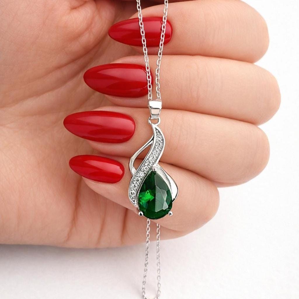 Emerald Teardrop Necklace – Sterling Silver May Birthstone Pendant -