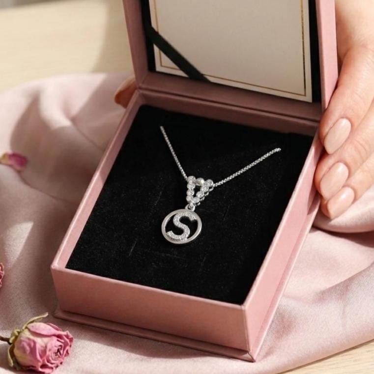 Custom Sterling Silver S Initial Necklace | Zircon Letter Pendant