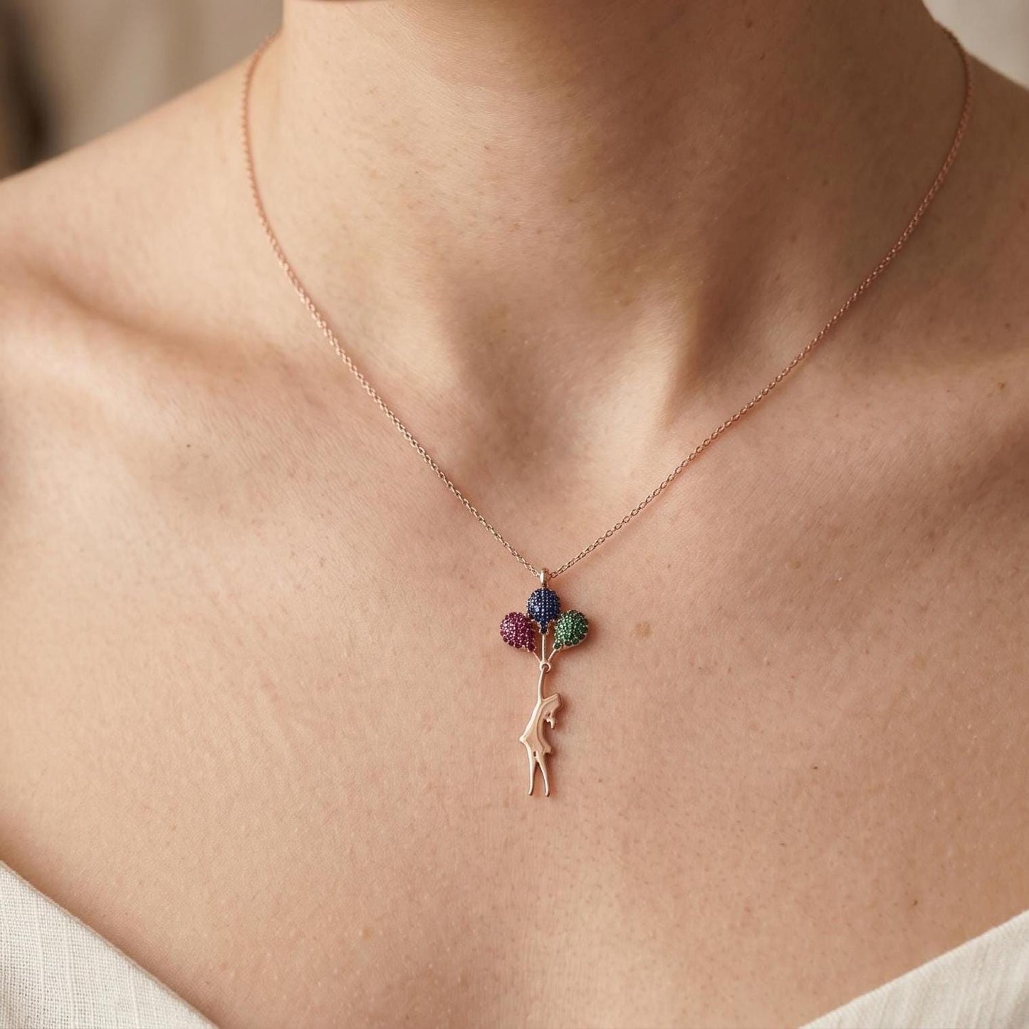 Sterling Silver Balloon Pendant Necklace - Rose Gold Flying Girl with Zircon