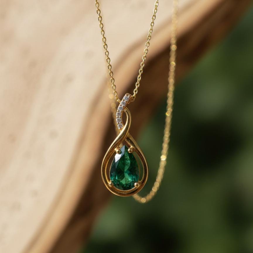 Gold Vermeil Emerald  Infinity Necklace -May Birthstone Pendant - 925 Sterling Silver-Valentine Gift for Her