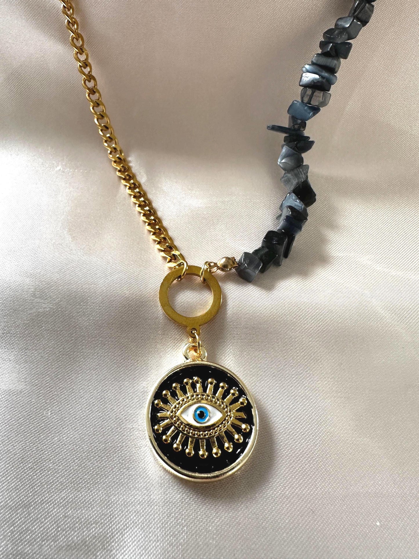 Evil Eye Pearl Necklace: Gold Brass Pendant