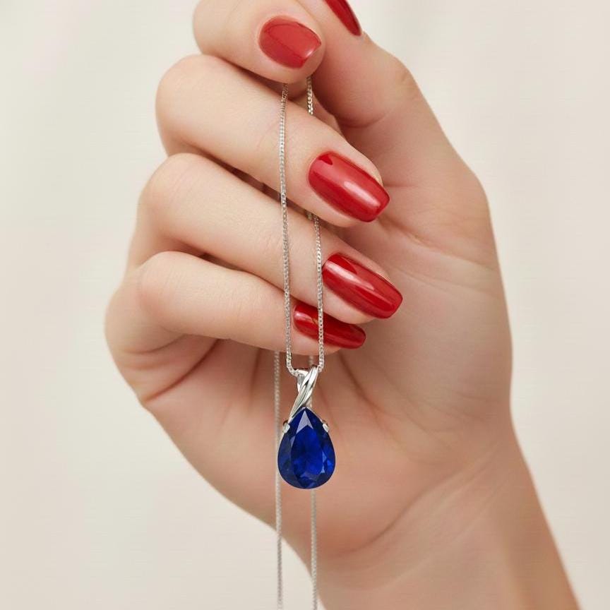 Sapphire Teardrop Necklace - September Birthstone Pendant -  Gift For Her