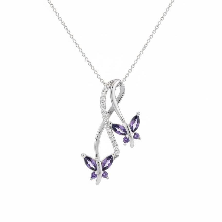 Infinity Amethyst Necklace with Butterfly Charm - February Birthstone Pendant -