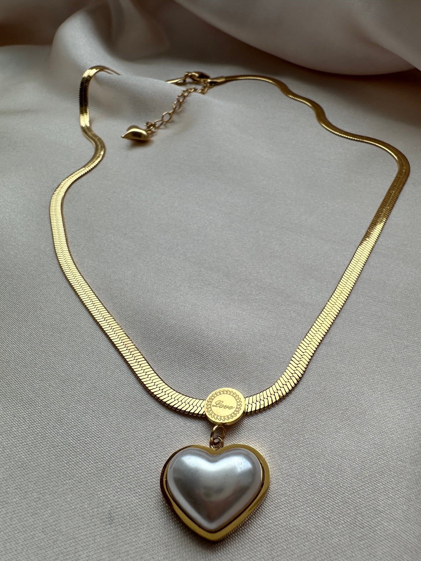 Gold Heart Necklace: Herringbone Chain, Gold