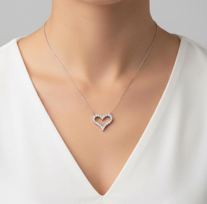 Dainty Sterling Silver Heart Necklace with Sparkling Zircon