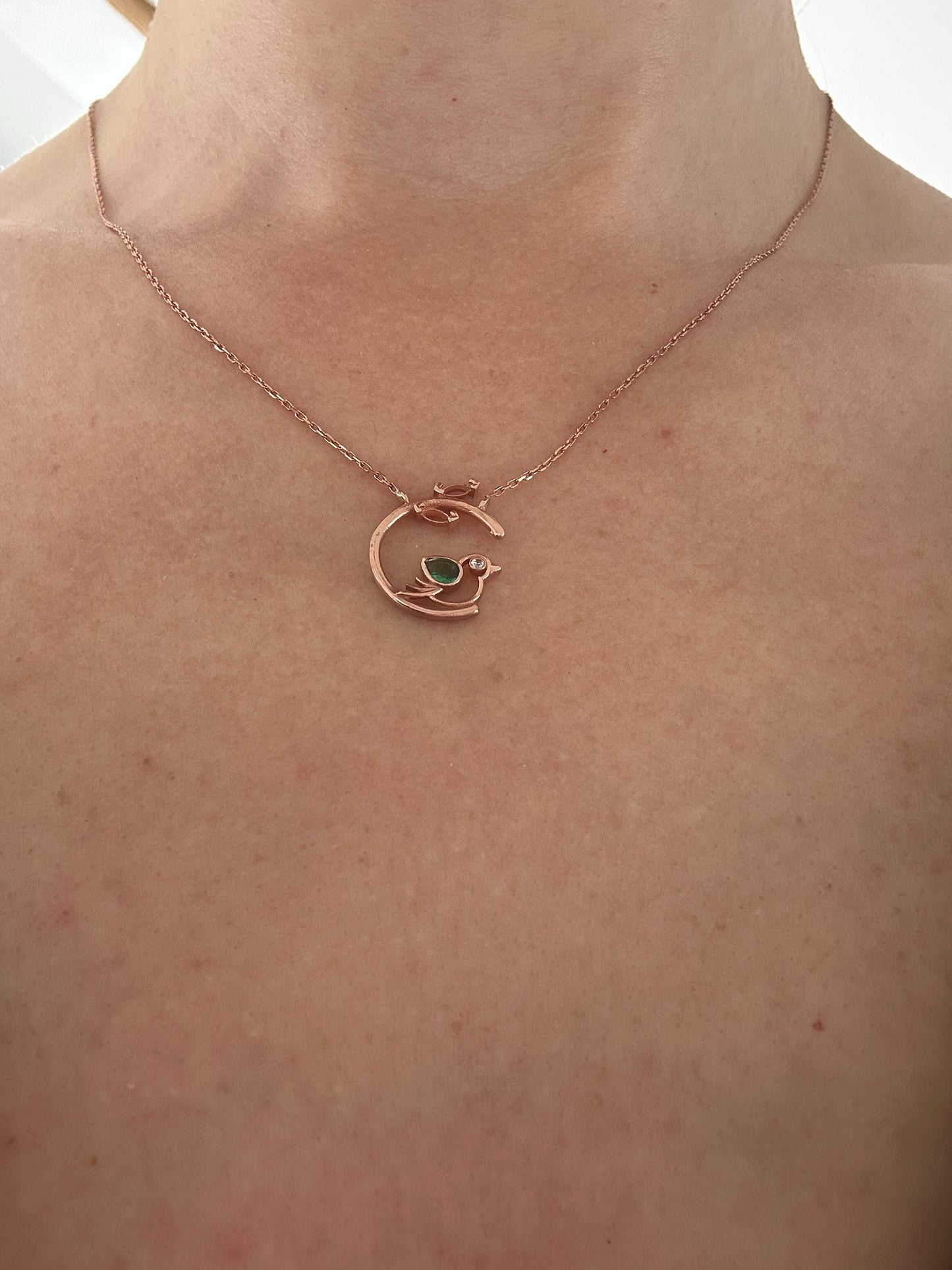 Rose Gold Vermeil Emerald Bird Necklace - May Birthstone Pendant