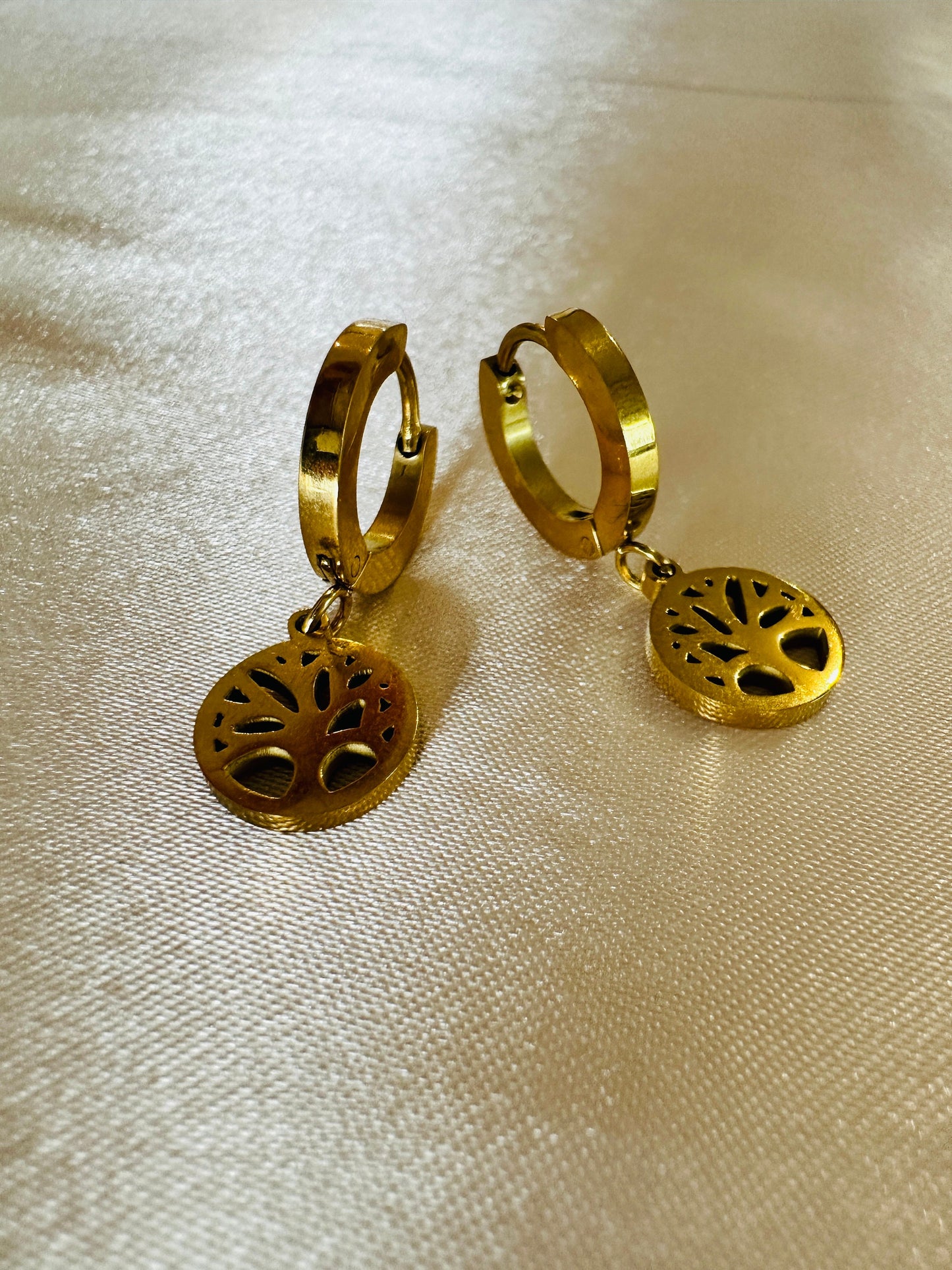 Gold Life Tree Dangle Earrings: Hypoallergenic Steel
