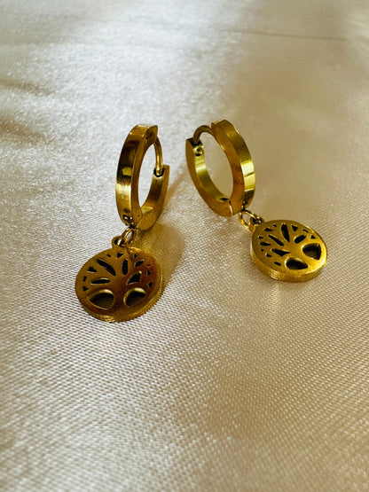 Gold Life Tree Dangle Earrings: Hypoallergenic Steel