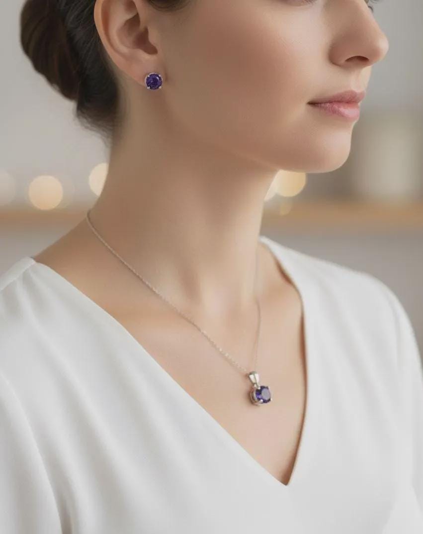 Minimalist Amethyst Pendant & Earrings Set - Sterling Silver February Birthstone -
