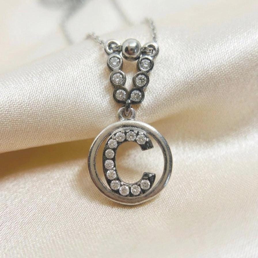 Initial C Necklace in Sterling Silver - Custom Name Necklace with Sparkling Zircon Letters