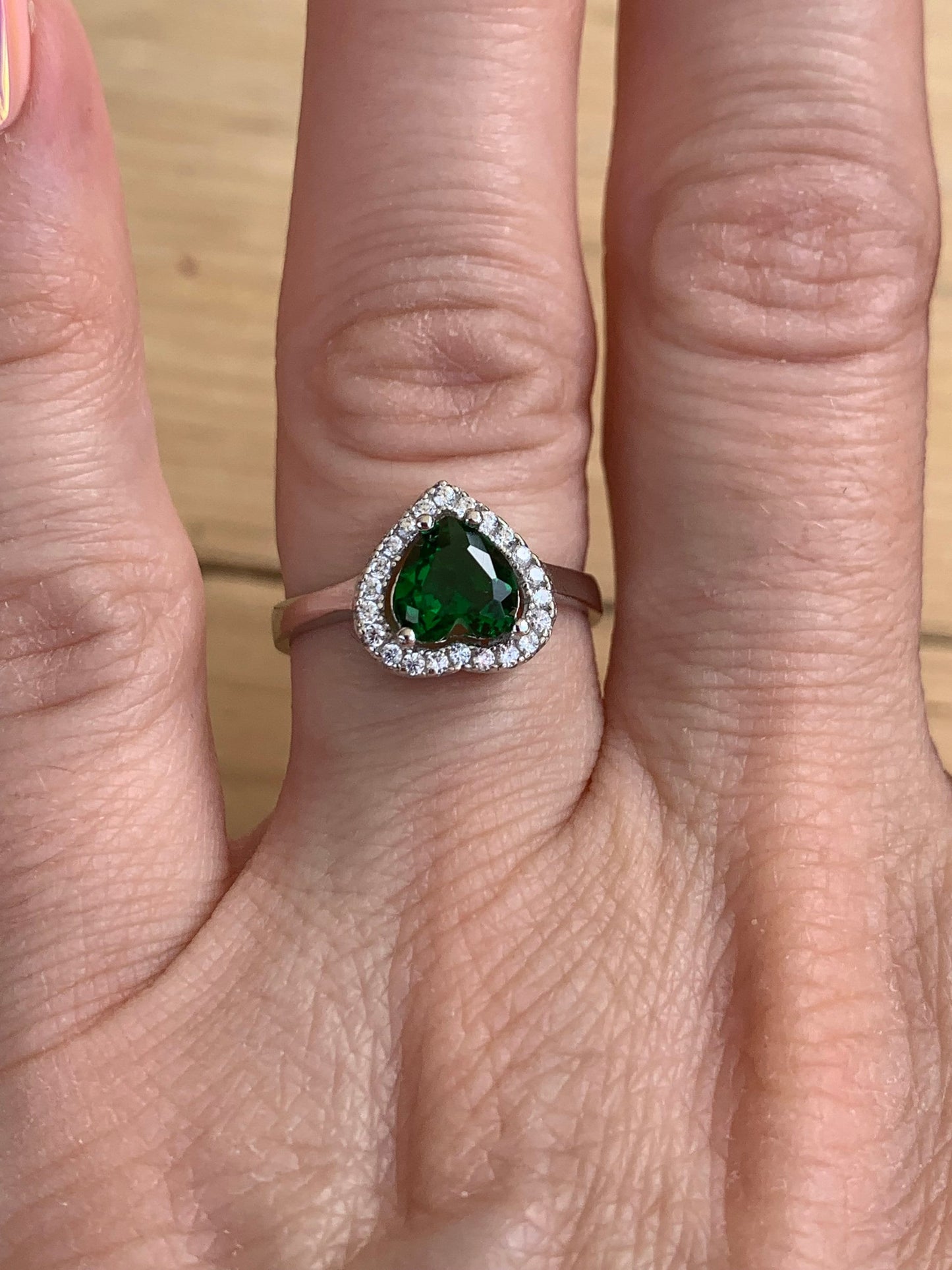 Vintage Heart Emerald Ring – Sterling Silver Diamond Engagement