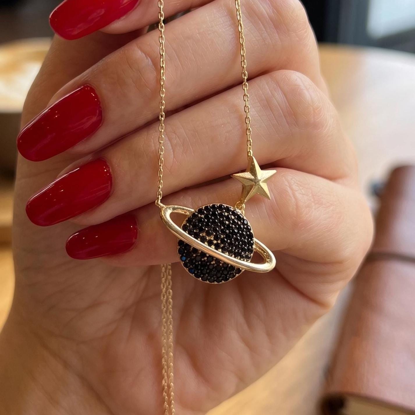 Chic Gold Vermeil Saturn Necklace - Sterling Silver Planet with Black Zircon